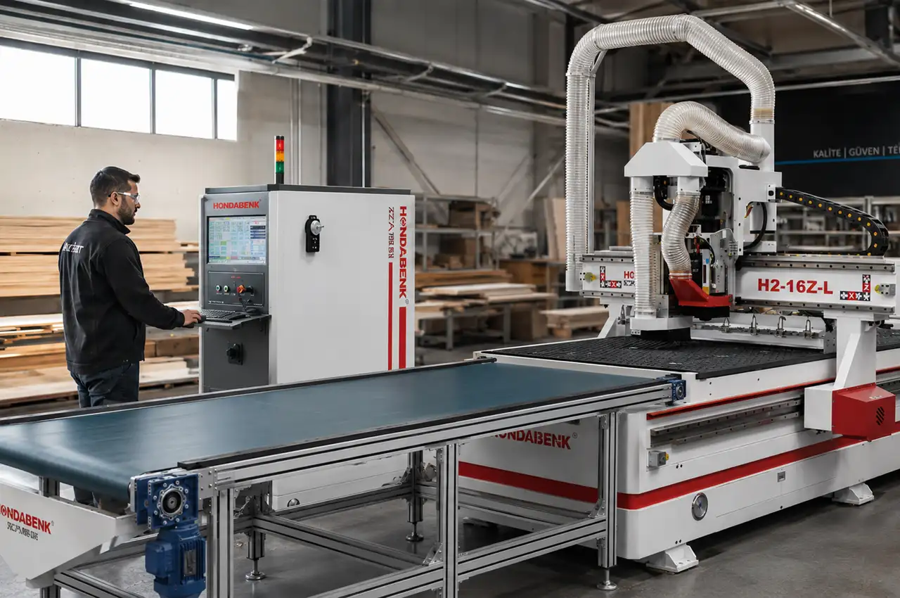 CNC makinesi nasıl kullanılır: Operatörün Hondabenk H2-16Z-L CNC router kontrol panelini kullanması
